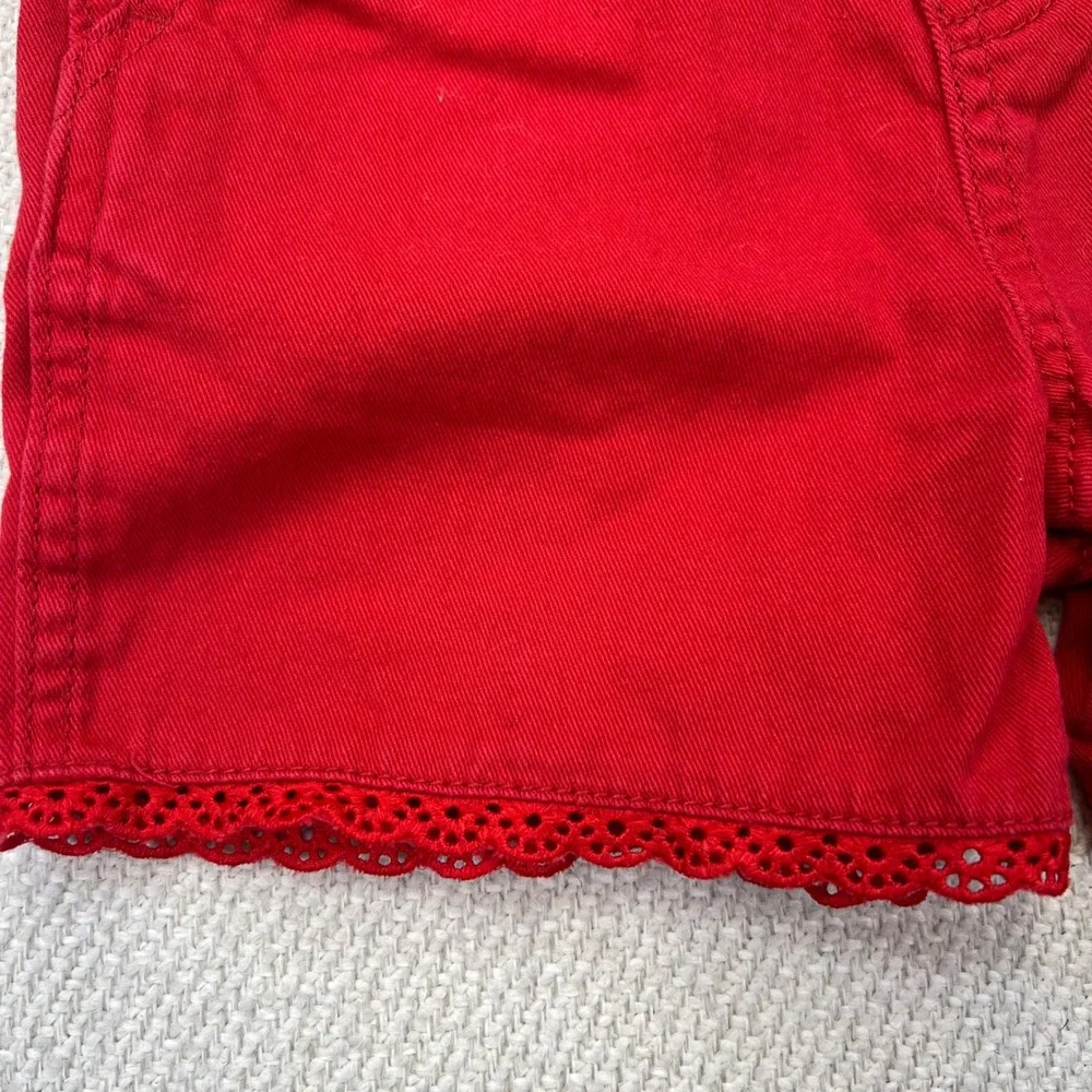 OshKosh B'gosh Shortalls Toddler 2T Red Eyelet Lace Trim Vestbak Cotton Bibs